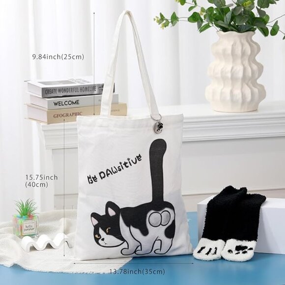 Be Pawsitive Gift Set - Kitty Cat Canvas Tote Bag, Cat Paw Socks, Keychain - Picture 2 of 8